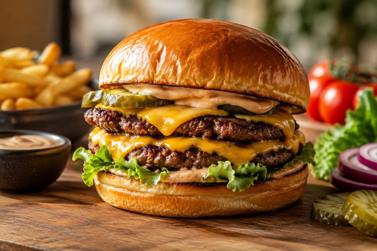 Le montage qui change tout: pain, fromage, sauces et doubles steaks Le montage qui change tout: pain, fromage, sauces et doubles steaks