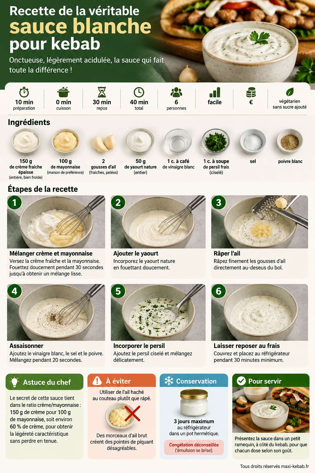 Fiche recette Recette de la v&eacute;ritable sauce blanche pour kebab