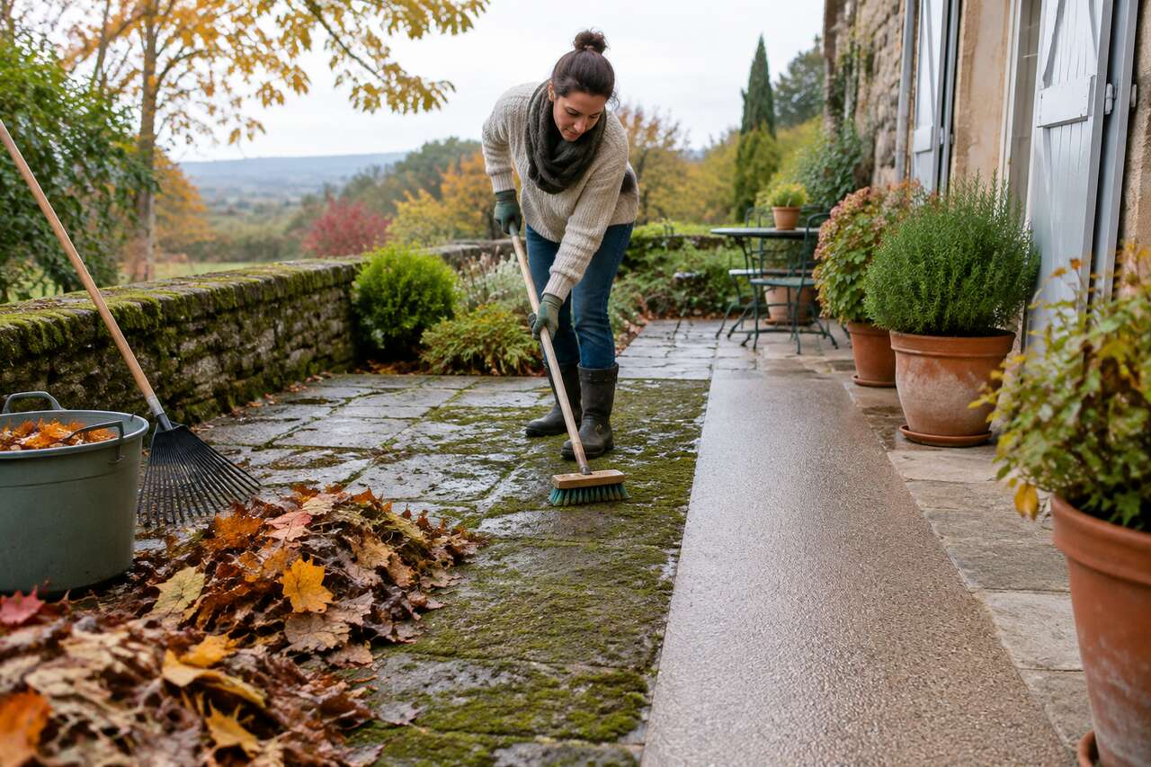 Désencombrer et éliminer les saletés qui favorisent mousse et glissance Désencombrer et éliminer les saletés qui favorisent mousse et glissance