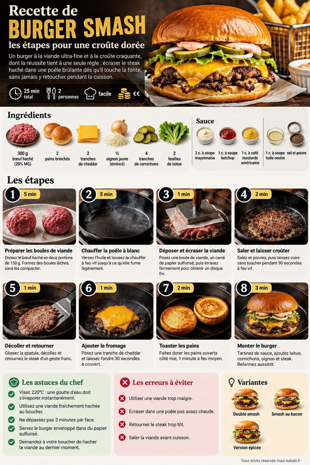 Fiche recette Recette de burger smash : les étapes pour une croûte dorée Fiche recette Recette de burger smash : les étapes pour une croûte dorée