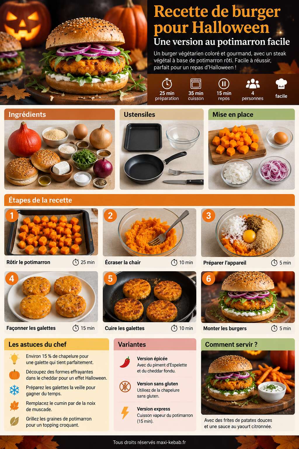 Fiche recette Recette de burger pour Halloween : une version au potimarron facile Fiche recette Recette de burger pour Halloween : une version au potimarron facile